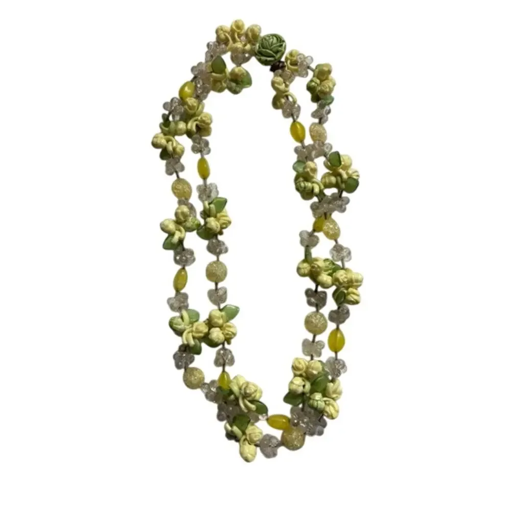 Vintage Multi Strand Floral Fruit Salad Necklace Green Yellow MCM Retro 20